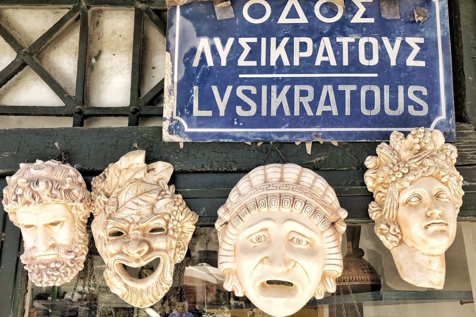 Greek Heritage Theatre Plaster Drama Masks. Ancient Emojis